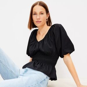 LOFT‎ Cotton Puff Sleeve Peplum Blouse Black Smocked Waist Sz S